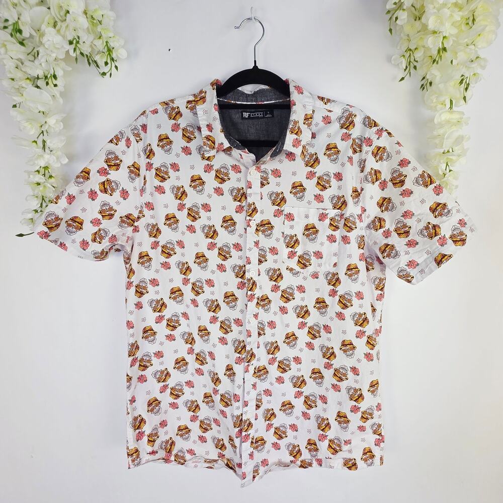 RF Brand Button Up Shirt Mens Large White Skull Floral Short Sleeve Vacation